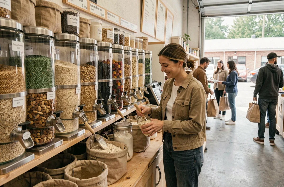 Station de vrac du Drive Tout Nu avec des distributeurs en verre remplis de céréales et de légumineuses, et des clients remplissant leurs contenants réutilisables