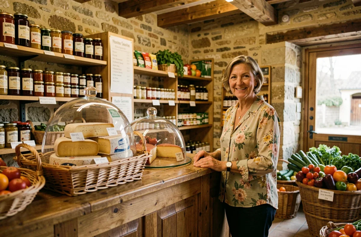 Épicerie bio Le Recantou en Haute-Garonne avec murs en pierre, produits locaux artisanaux et commerçante souriante derrière le comptoir