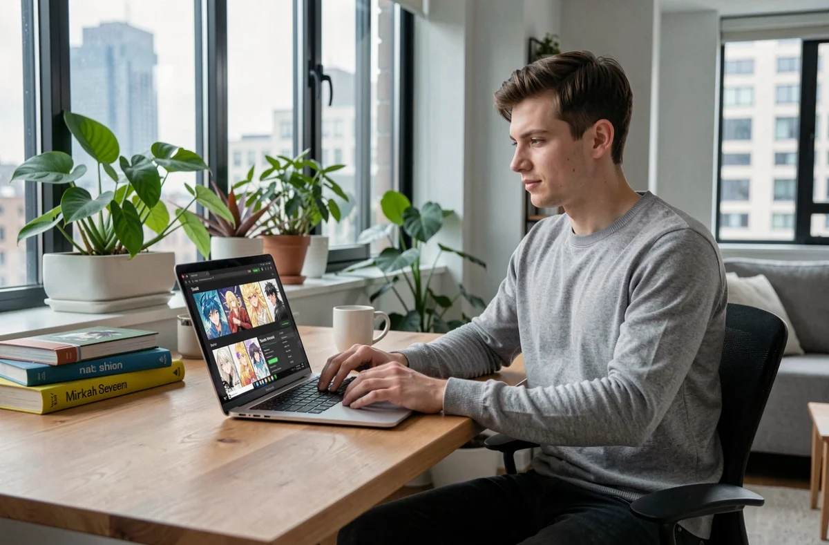 Jeune homme lisant Just Friend en VF sur une plateforme légale de manhwa depuis son ordinateur portable dans un appartement moderne