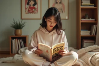 Jeune femme lisant un manga BL dans sa chambre entourée de volumes empilés et d'une ambiance cosy