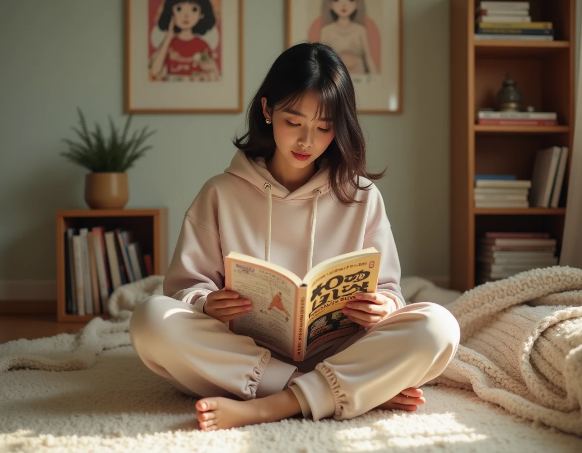 Jeune femme lisant un manga BL dans sa chambre entourée de volumes empilés et d'une ambiance cosy