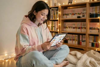 Jeune femme lisant un manhwa sur tablette dans sa chambre cosy, illustrant la lecture légale en VF de Just Friend