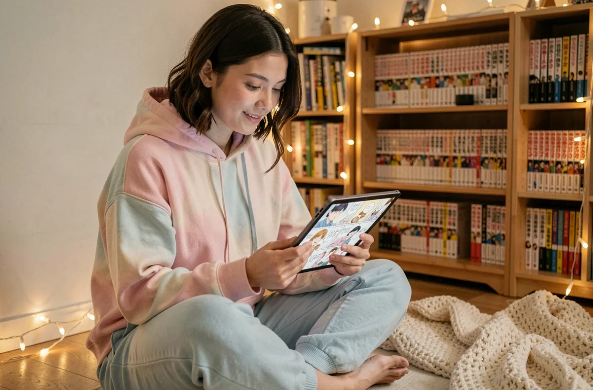 Jeune femme lisant un manhwa sur tablette dans sa chambre cosy, illustrant la lecture légale en VF de Just Friend