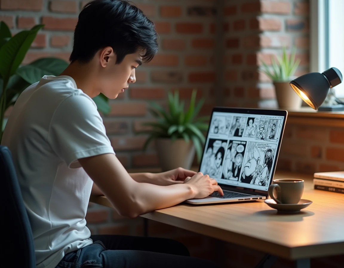 Jeune homme lisant des scans de manga BL sur son ordinateur portable dans un bureau minimaliste