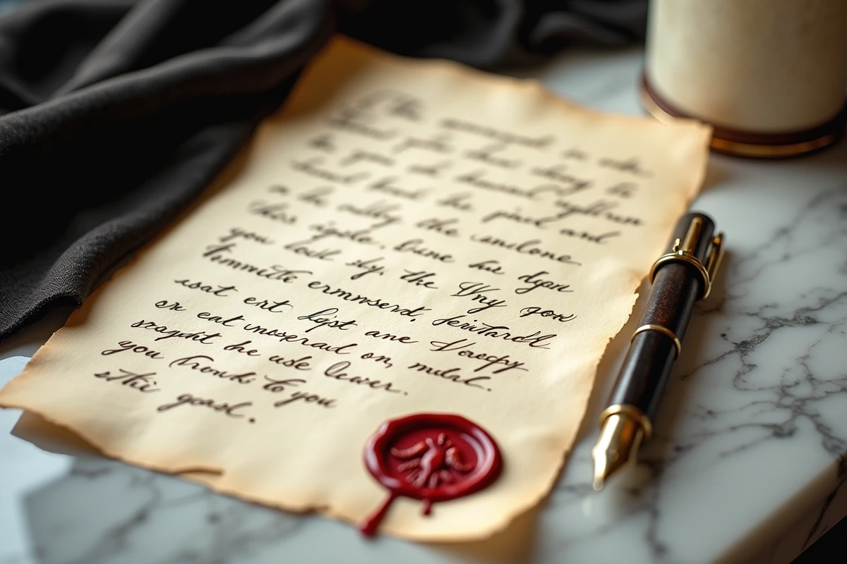 Gros plan d'une lettre calligraphiée à la plume style Empire avec cachet de cire à l'aigle impérial napoléonien