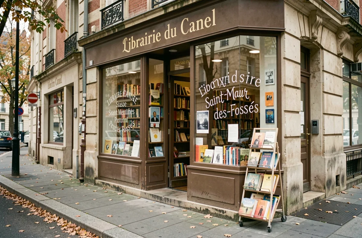 Devanture de la Librairie du Canal à Saint-Maur-des-Fossés avec ses vitrines de recommandations manuscrites