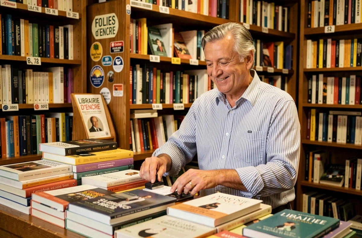 Libraire au comptoir de la Librairie Folies d'Encre à Maisons-Alfort