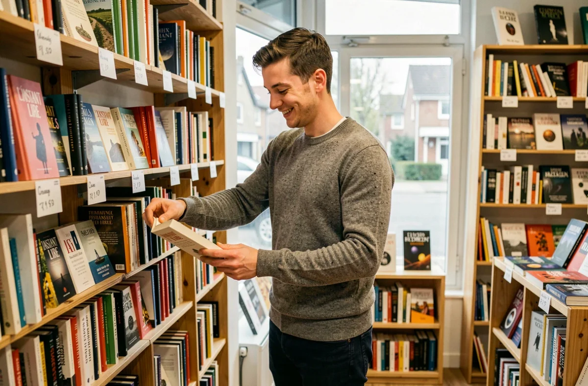 Libraire rangeant des livres à L'Instant Lire, librairie généraliste à Champigny-sur-Marne
