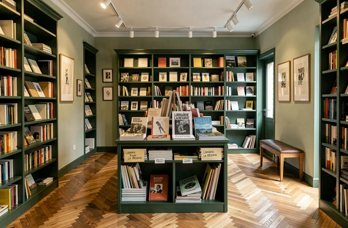 Intérieur soigné de la Librairie La Réserve à Charenton-le-Pont avec ses étagères vert foncé et ses sélections thématiques