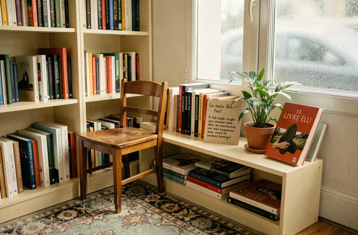 Coin lecture avec sélection de livres mis en avant au Livre Élu, librairie à Fontenay-sous-Bois