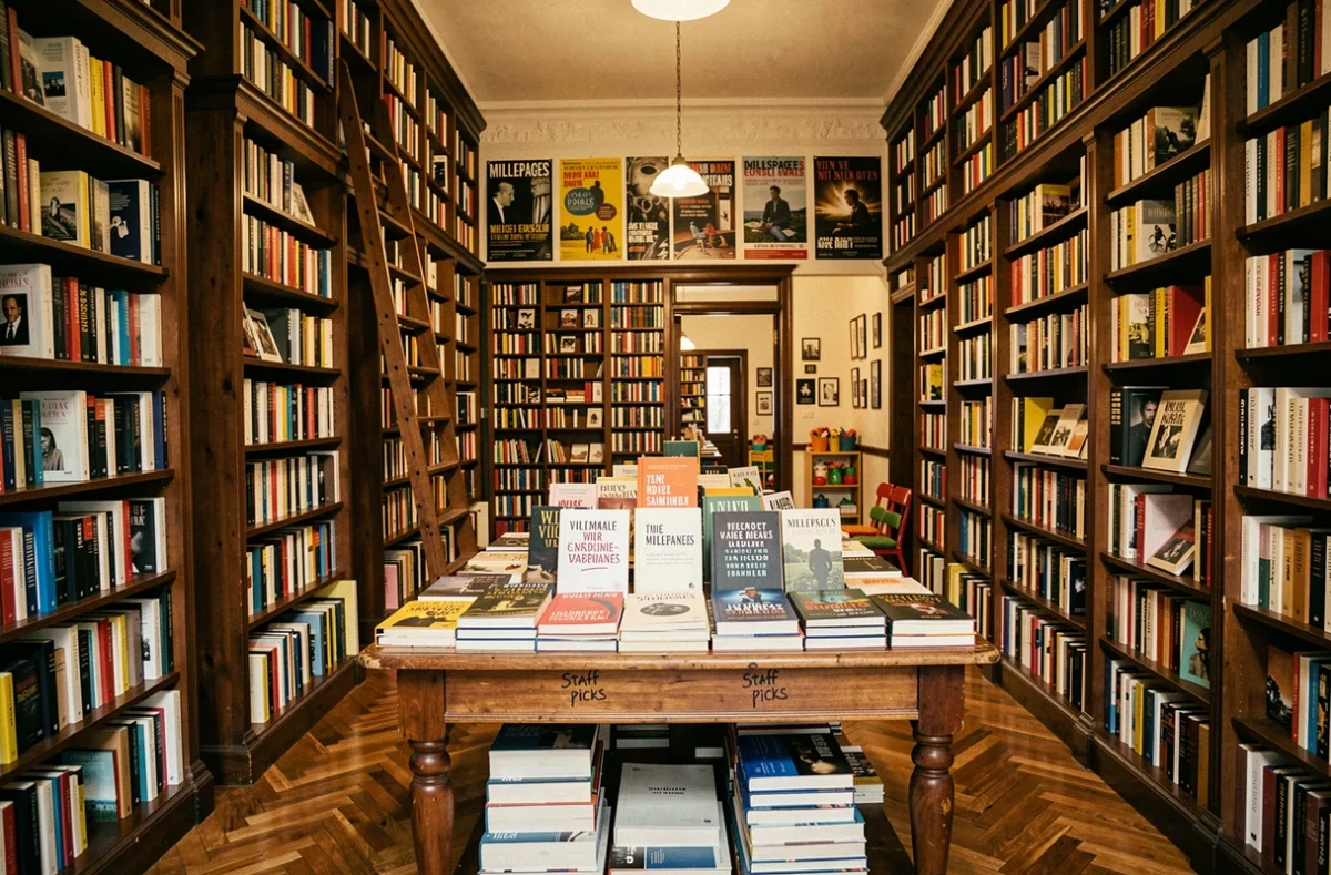 Intérieur de la librairie Millepages à Vincennes avec ses grandes étagères en bois et son ambiance classique
