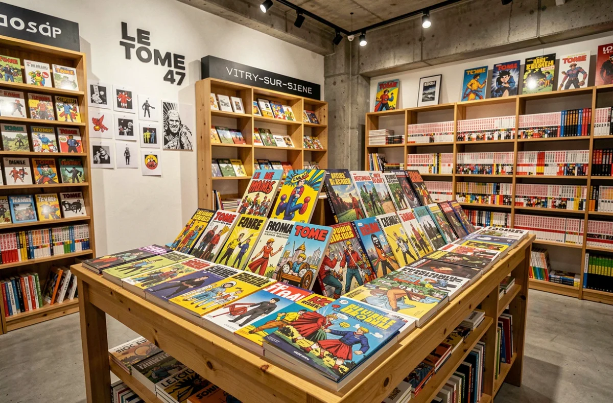 Présentoir de bandes dessinées et romans graphiques à la librairie Le Tome 47 à Vitry-sur-Seine