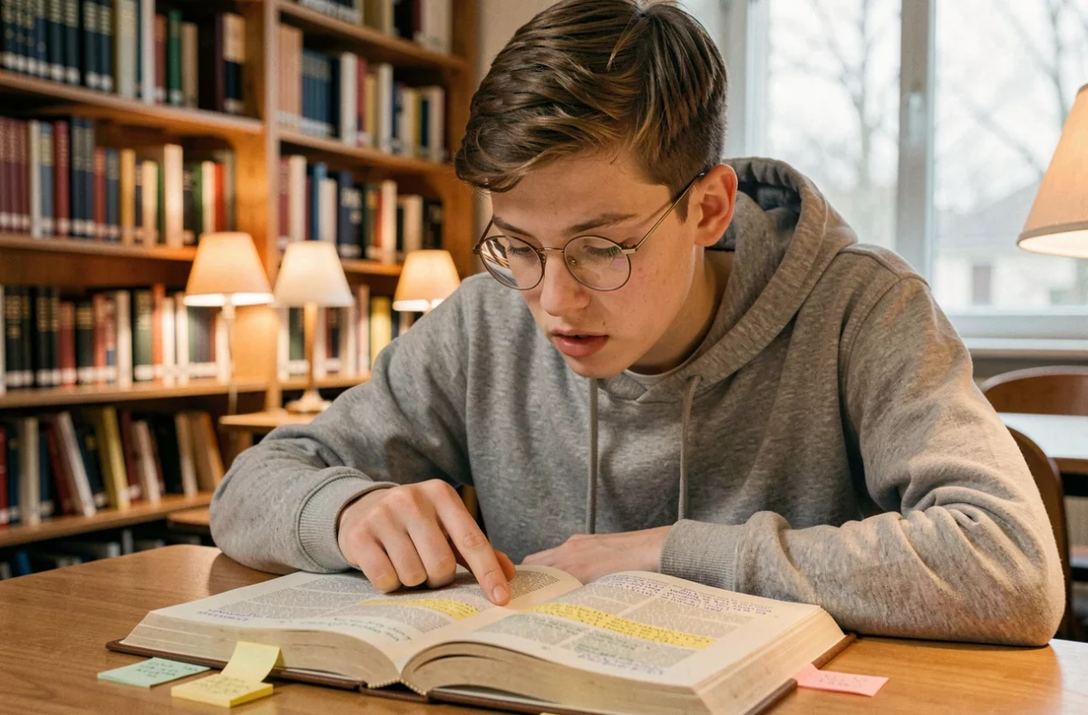 Adolescent révisant les figures de style dans un manuel de littérature française en bibliothèque scolaire