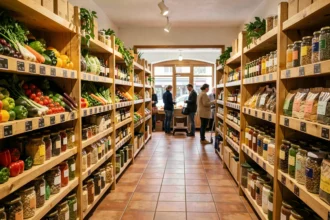 Rayon d'un magasin bio en Haute-Garonne avec des légumes frais colorés, des produits locaux et des bocaux en vrac sur des étagères en bois
