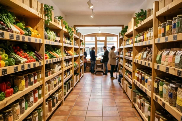 Rayon d'un magasin bio en Haute-Garonne avec des légumes frais colorés, des produits locaux et des bocaux en vrac sur des étagères en bois