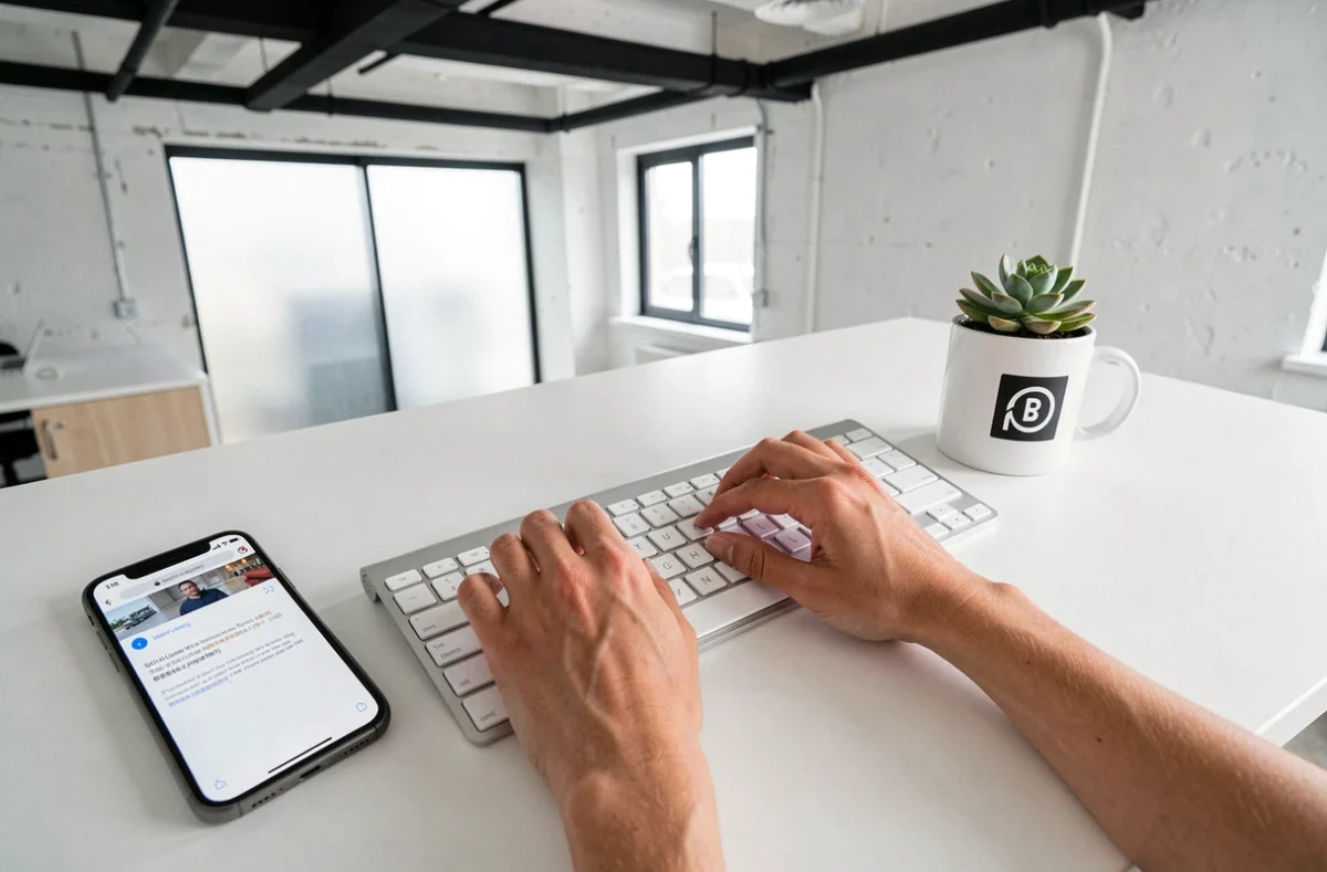 Mains tapant sur un clavier moderne lors d'une recherche internet dans un espace de coworking