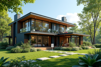 Maison de vacances moderne avec grandes fenêtres et verdure