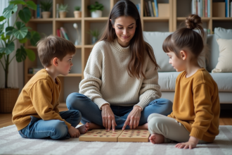 Maman et ses enfants jouent calmement à un jeu de société