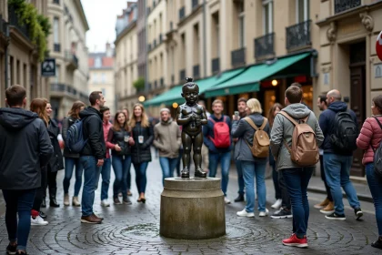 Touristes photographiant la statue du Manneken Pis sur les pavés du centre historique de Bruxelles