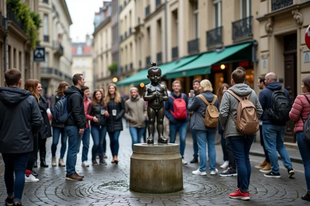 Touristes photographiant la statue du Manneken Pis sur les pavés du centre historique de Bruxelles