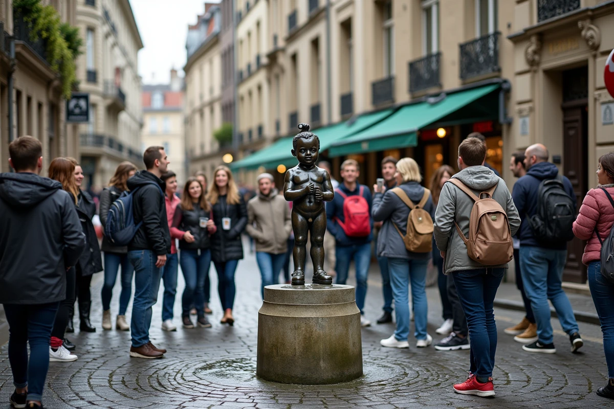 Touristes photographiant la statue du Manneken Pis sur les pavés du centre historique de Bruxelles