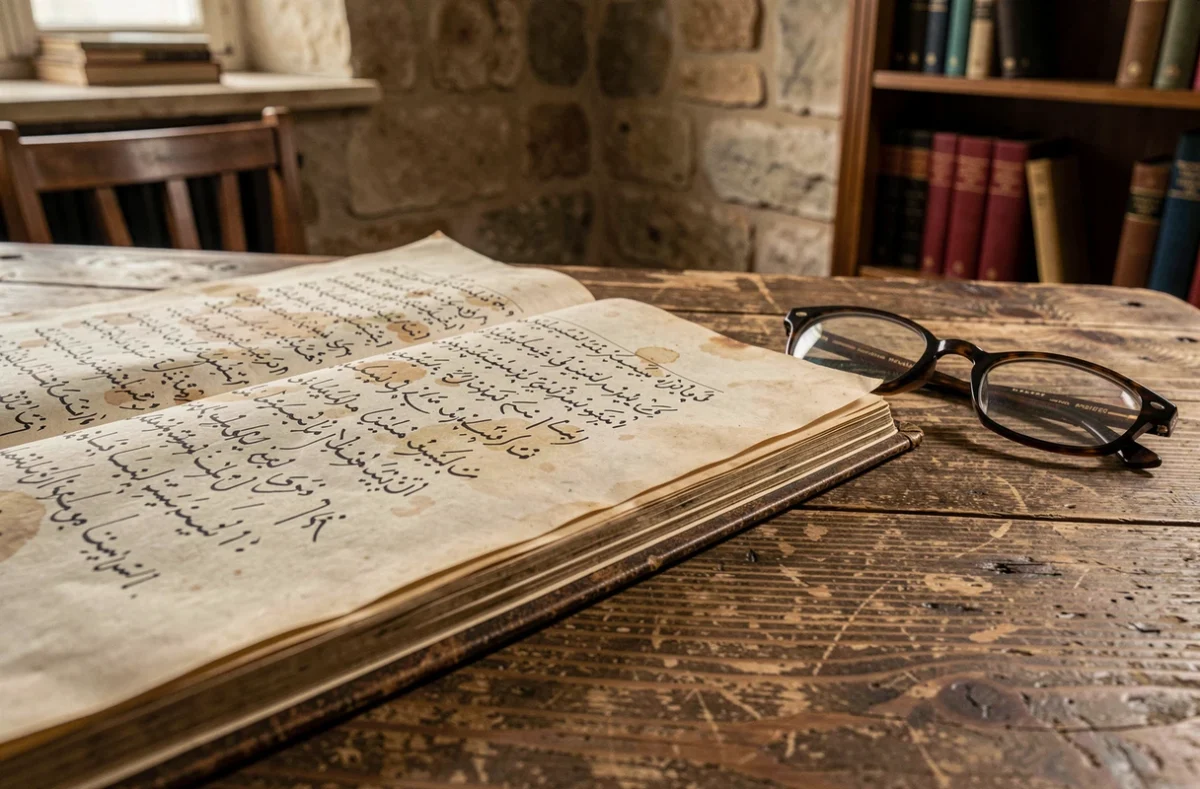 Manuscrit de calligraphie arabe ancien ouvert sur une table en bois illustrant les origines linguistiques et culturelles des prénoms arabes