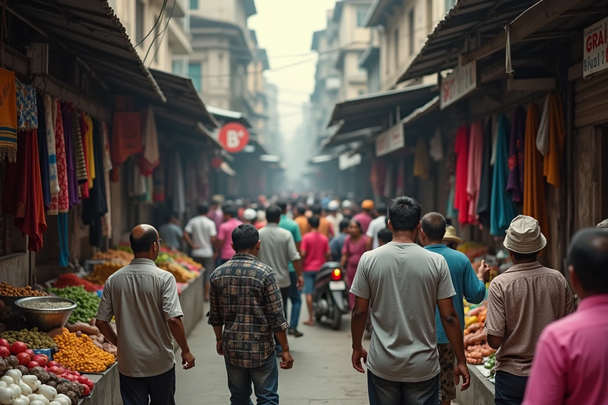 Marché urbain très fréquenté en Asie du Sud illustrant la densité de population et la croissance démographique des pays les plus peuplés en 2026