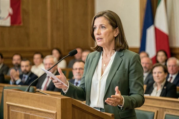 Femme politique française prenant la parole à un pupitre lors d'une assemblée officielle, illustrant le parcours professionnel de Marine Tondelier