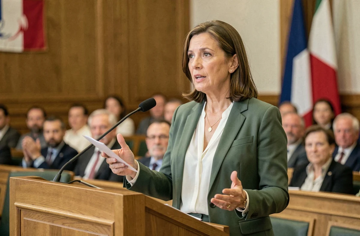 Femme politique française prenant la parole à un pupitre lors d'une assemblée officielle, illustrant le parcours professionnel de Marine Tondelier
