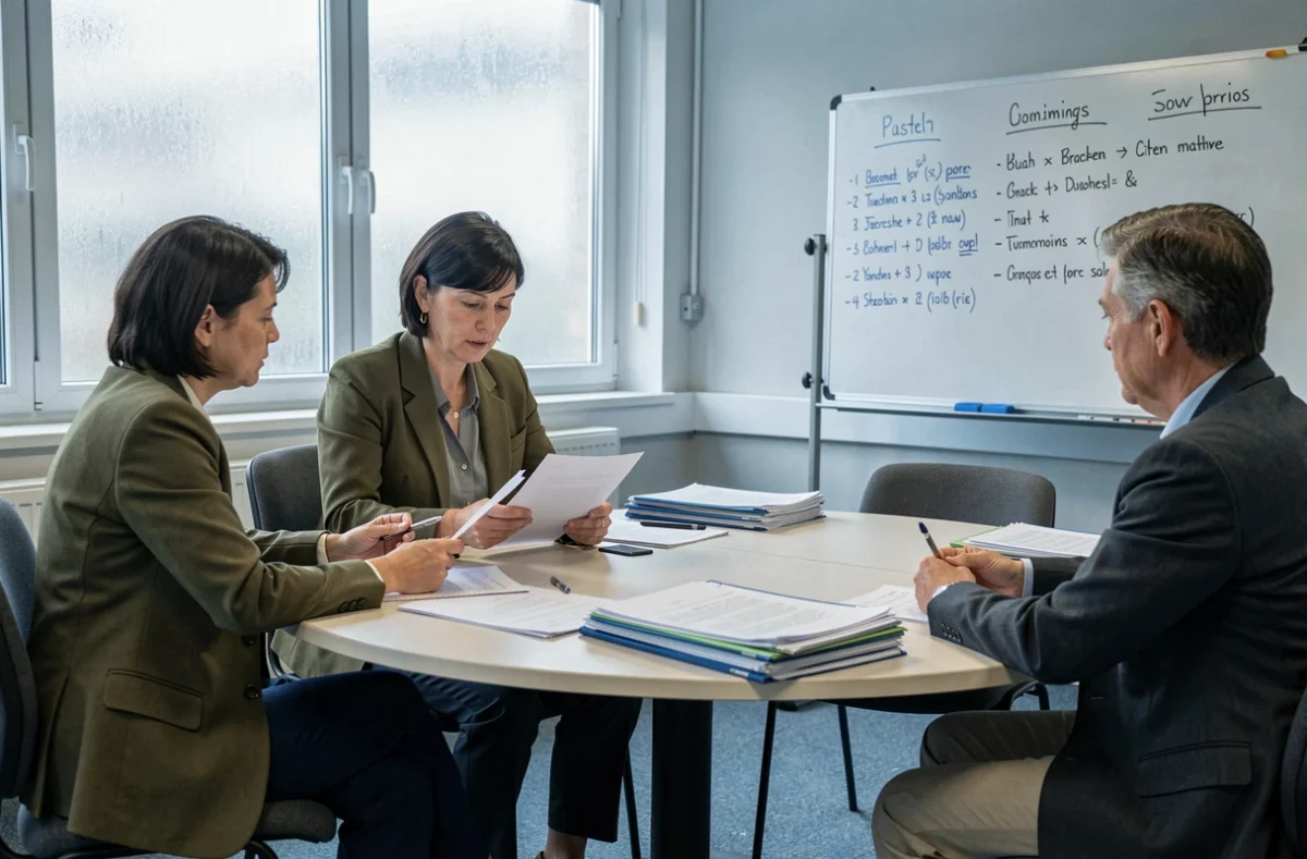 Réunion de travail politique en mairie avec une élue locale consultant des documents avec ses collaborateurs, évoquant le parcours d'engagement local de Marine Tondelier