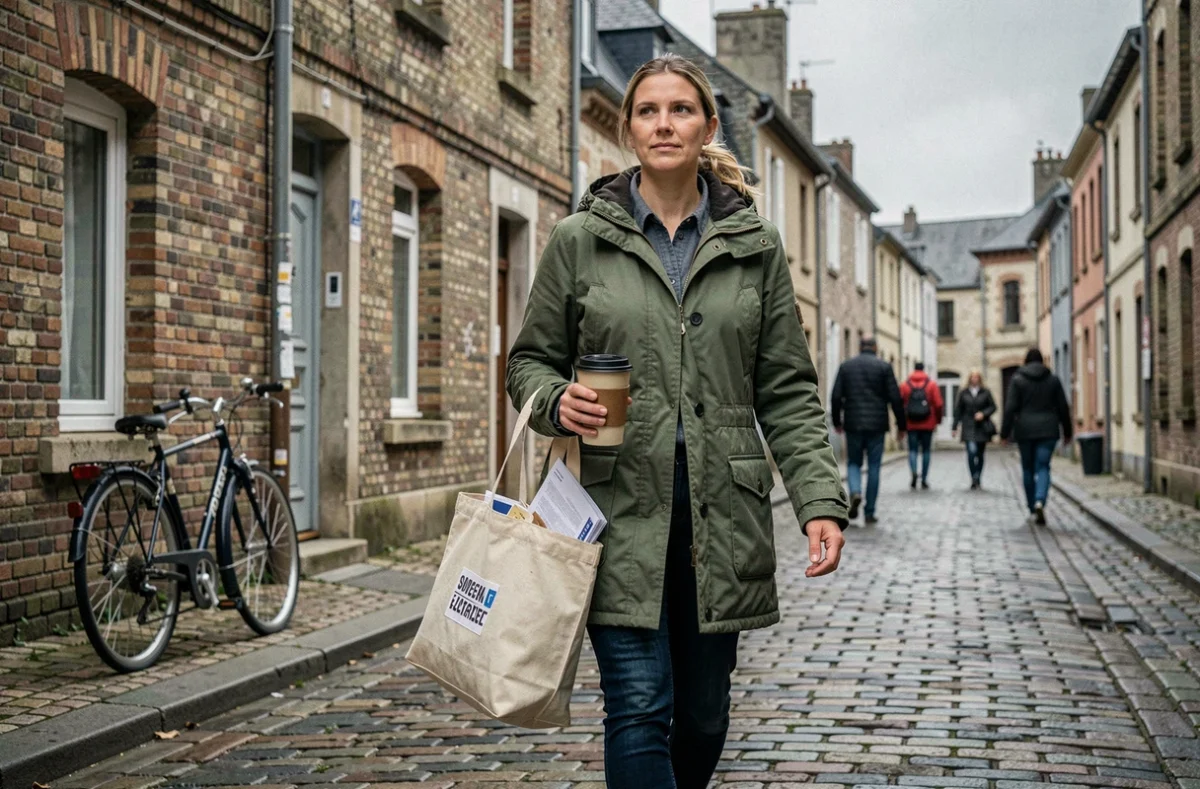 Élue écologiste marchant dans les rues d'une ville du nord de la France lors d'une campagne de terrain, illustrant l'engagement politique local de Marine Tondelier