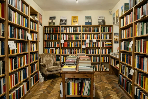 Intérieur d'une librairie indépendante en Val-de-Marne avec des étagères remplies de livres et une atmosphère chaleureuse