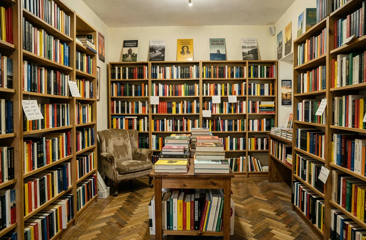Intérieur d'une librairie indépendante en Val-de-Marne avec des étagères remplies de livres et une atmosphère chaleureuse
