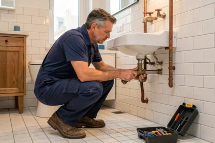 Plombier professionnel inspectant des canalisations dans une salle de bain parisienne – vue d'ensemble illustrant les meilleurs plombiers en Île-de-France