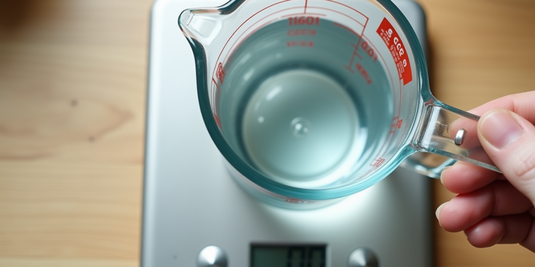 Verre doseur rempli d'eau avec balance de cuisine affichant 100g