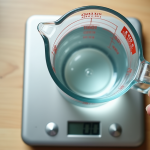 Verre doseur rempli d'eau avec balance de cuisine affichant 100g