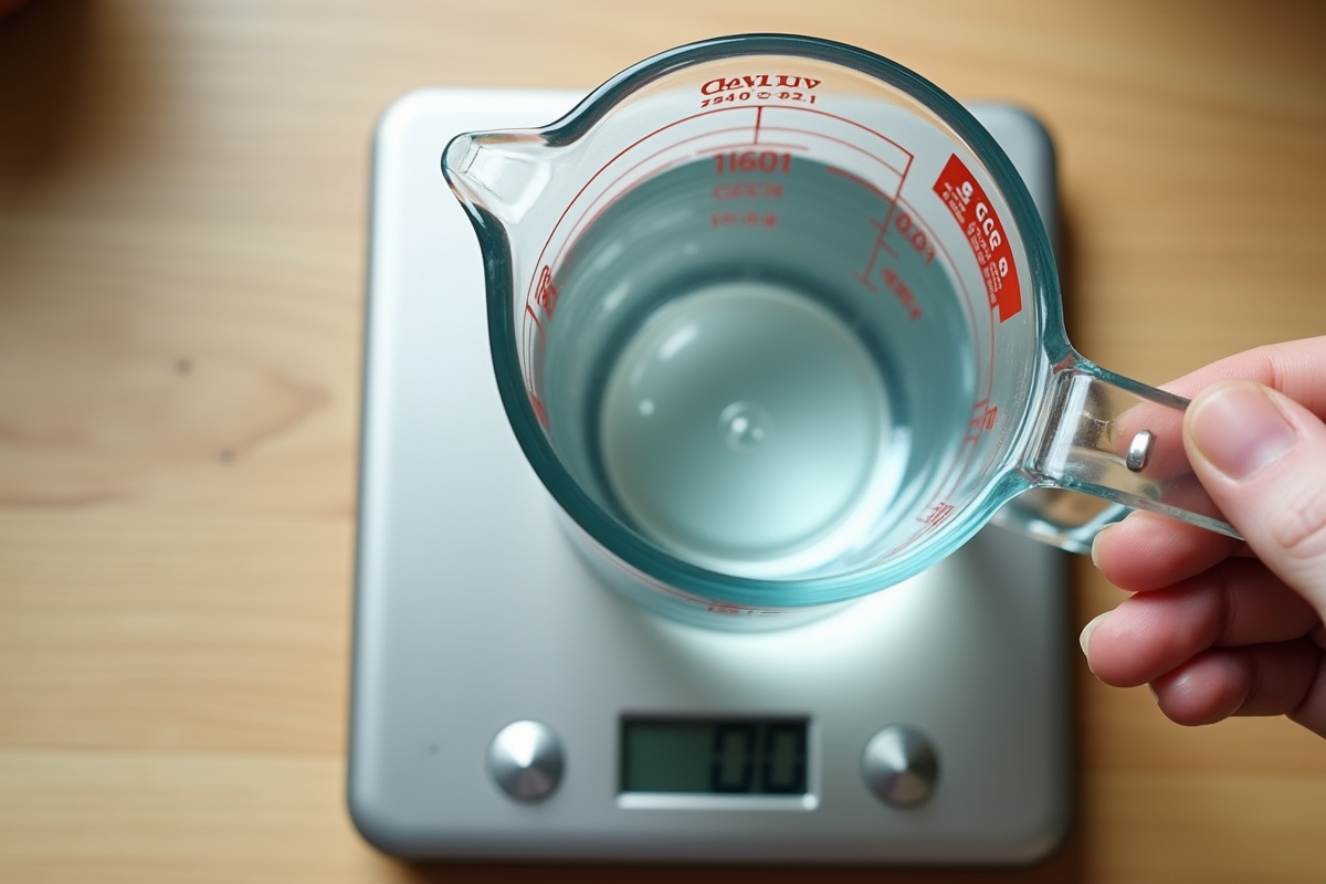 Verre doseur rempli d'eau avec balance de cuisine affichant 100g