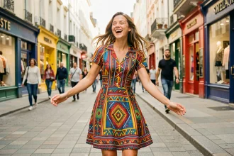 Jeune femme dansant librement dans une rue colorée, illustrant le thème de liberté et d'énergie de la chanson Elle me dit de Mika