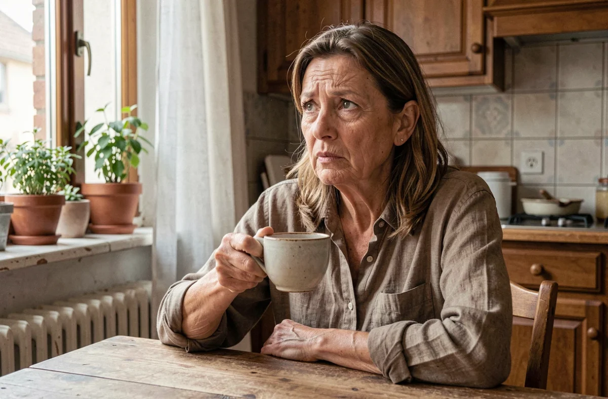 Femme d'âge mûr dans une cuisine française évoquant la relation mère-enfant au cœur des paroles de Mika dans Elle me dit