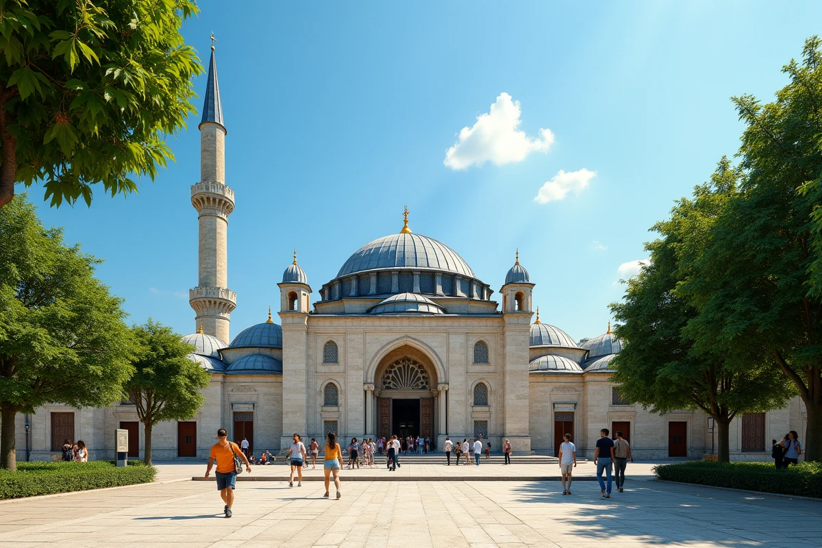 Mosquée de Nantes en été avec fidèles se rendant à la prière sous un ciel bleu