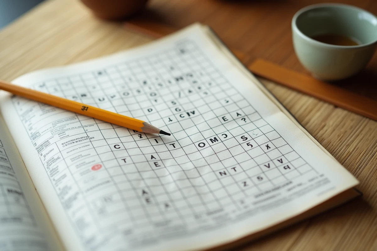 Magazine de mots fléchés japonais ouvert sur une table en bois avec crayon et tasse de thé, montrant une grille de mots croisés avec réponses en trois lettres