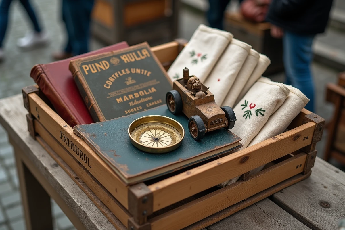 Gros plan sur des objets de collection et livres anciens dans un cageot de vide grenier en Savoie rurale