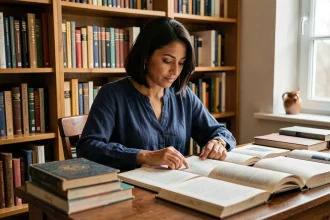 Femme d'origine nord-africaine dans une bibliothèque consultant des ouvrages sur les origines culturelles et les étymologies de noms arabes