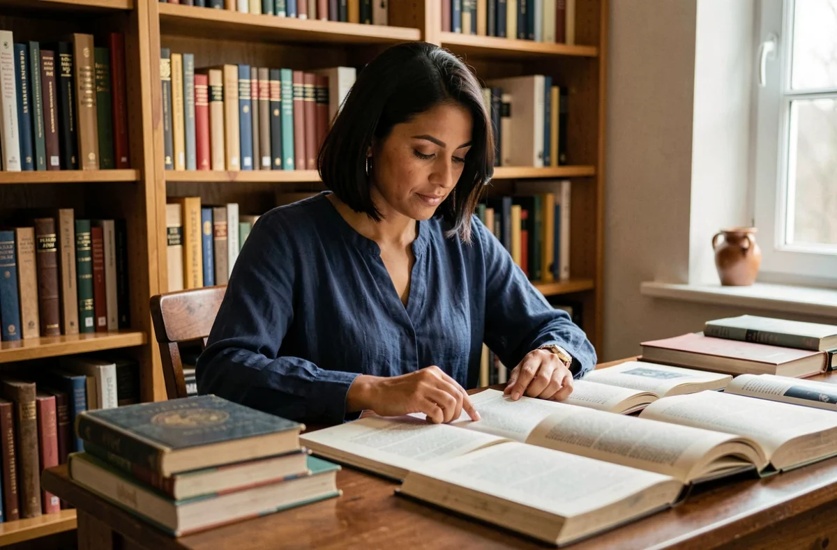 Femme d'origine nord-africaine dans une bibliothèque consultant des ouvrages sur les origines culturelles et les étymologies de noms arabes