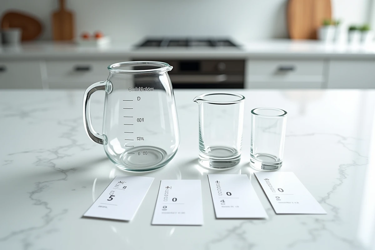 Vue de dessus d'outils de mesure de cuisine étiquetés en millilitres, centilitres et litres sur un plan de travail en marbre blanc avec des fiches de conversion cm3 imprimées