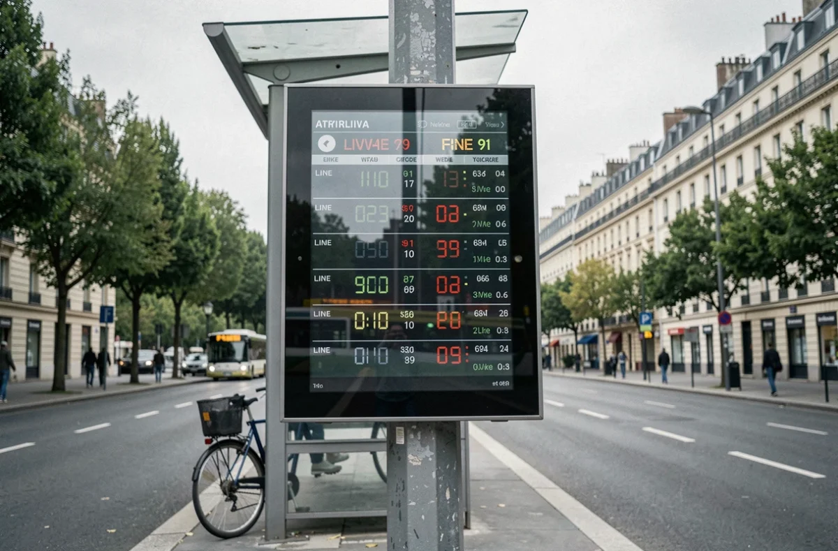 Panneau d'affichage en temps réel des horaires du bus 91 à un arrêt de bus parisien