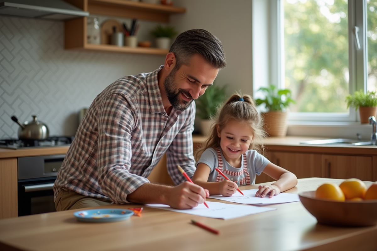 Papa et sa fille colorient ensemble à la table de cuisine