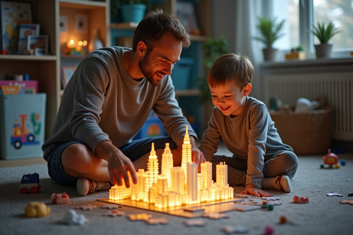 Père et fils admirent un puzzle ville illuminé dans une salle de jeux