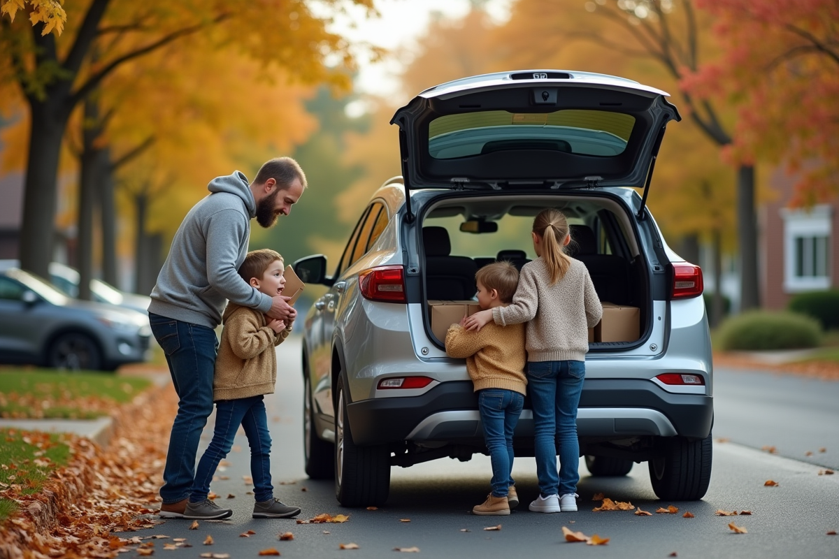Pere chargé de courses dans un SUV hybride en banlieue