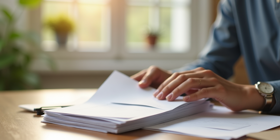 Documents légaux empilés avec une enveloppe sur un bureau lumineux